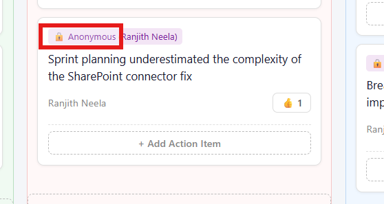 A feedback card showing the anonymous badge as seen by a Team Member vs. the Scrum Master view.