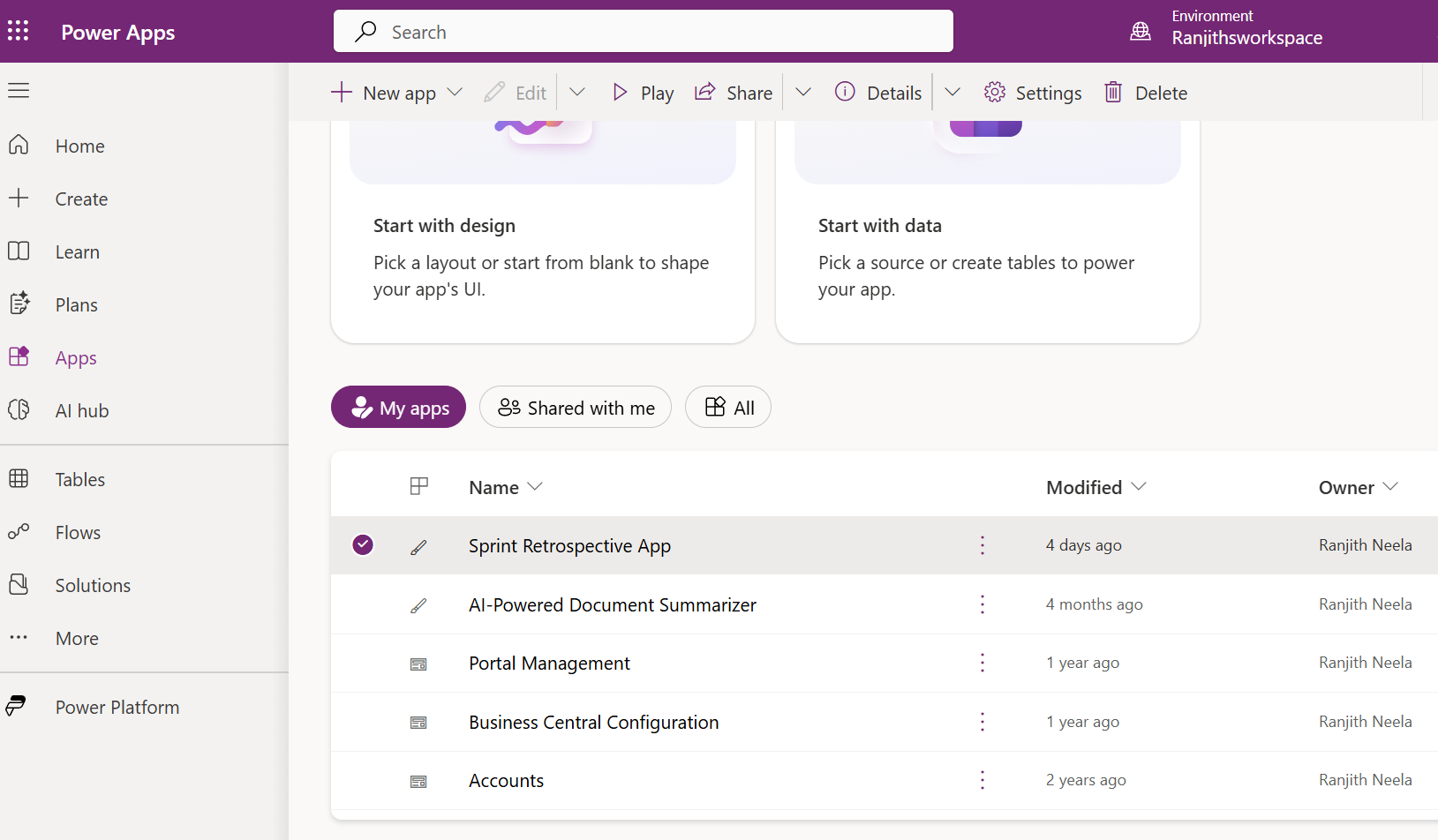 Power Apps maker portal showing the deployed Sprint Retrospective app alongside canvas apps in the same environment.