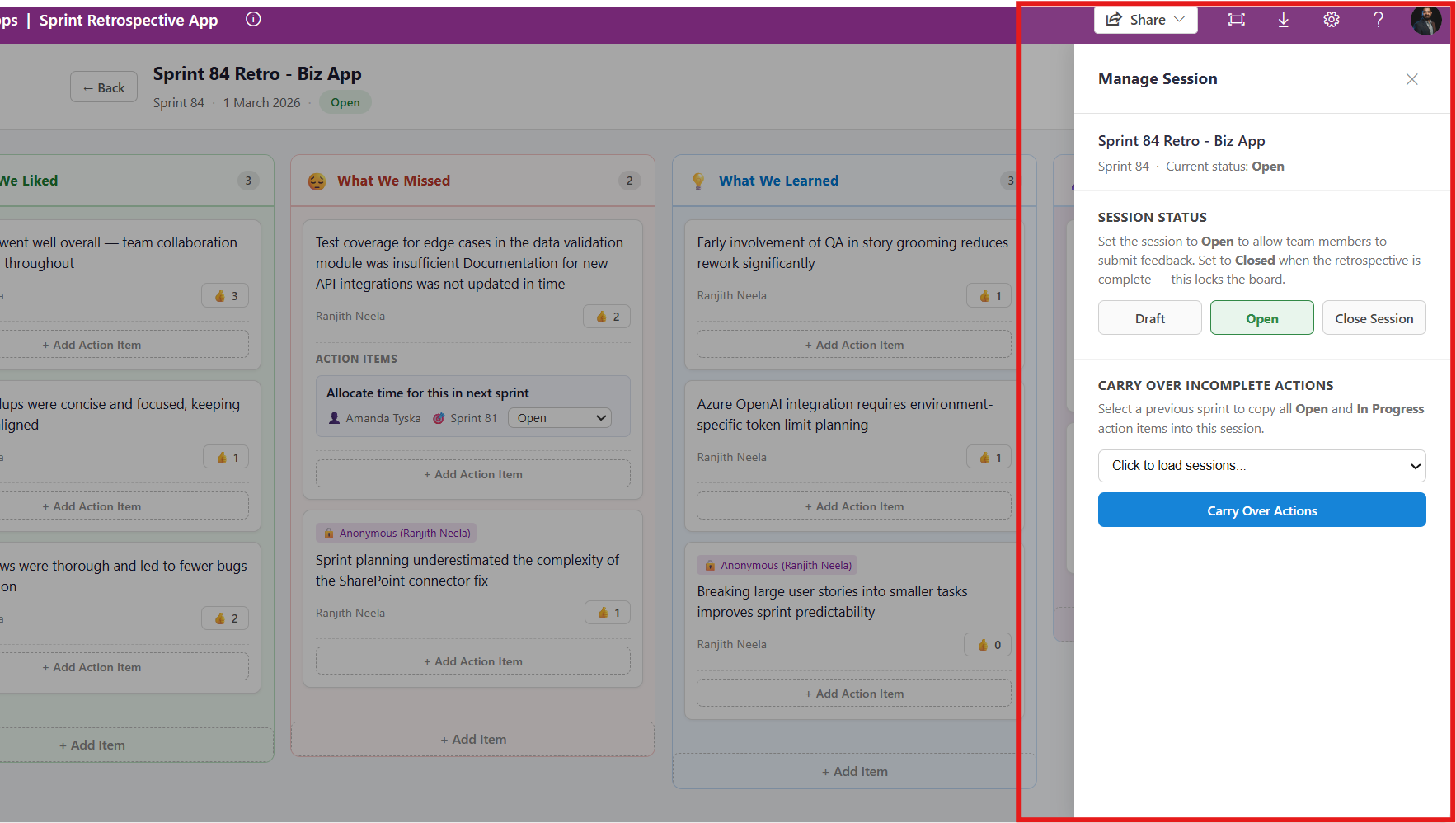 The Admin Panel slide-out (Scrum Master only) showing the session status controls and the carry-over sprint selector.