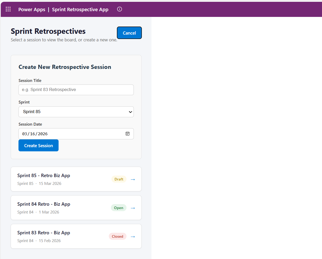 The Sprint Selector view showing the list of retrospective sessions with their status badges.