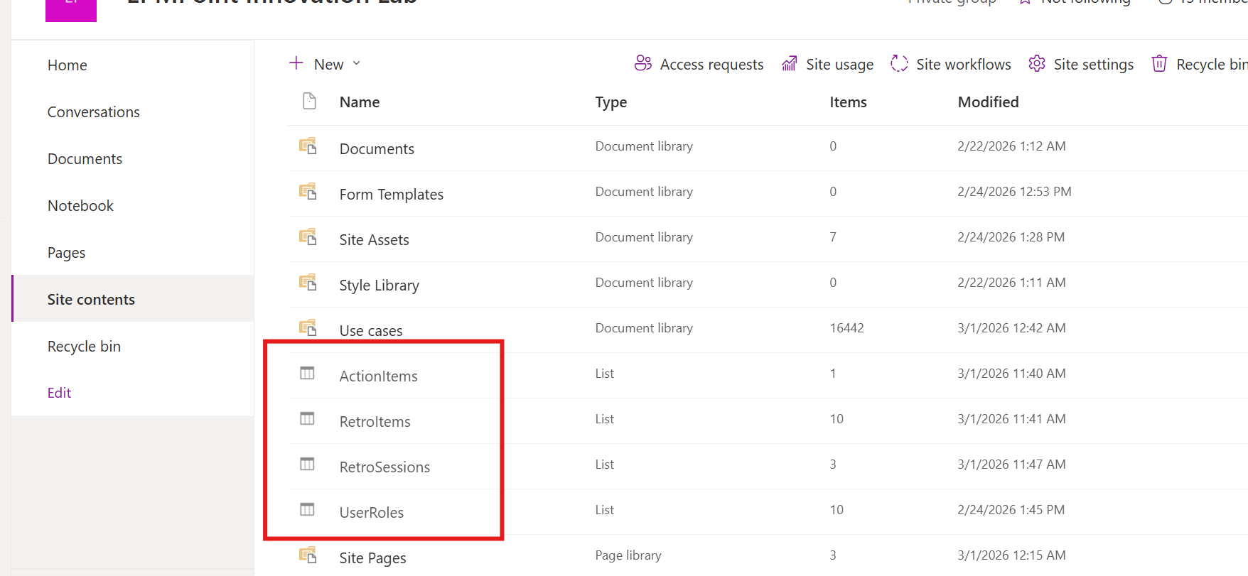 The four SharePoint lists in the SharePoint site's list view.