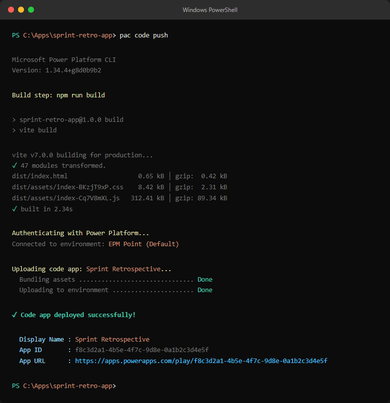 Terminal output of pac code push showing the successful deployment.